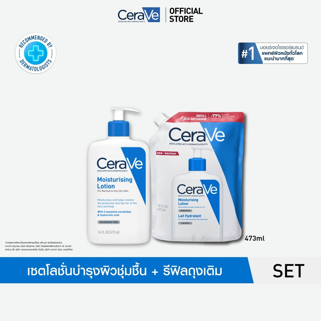 [เซตสุดคุ้ม] เซราวี CERAVE Moisturising Lotion + รีฟิลถุงเติม โลชั่นบำรุงผิว ชุ่มชื้น 473ml